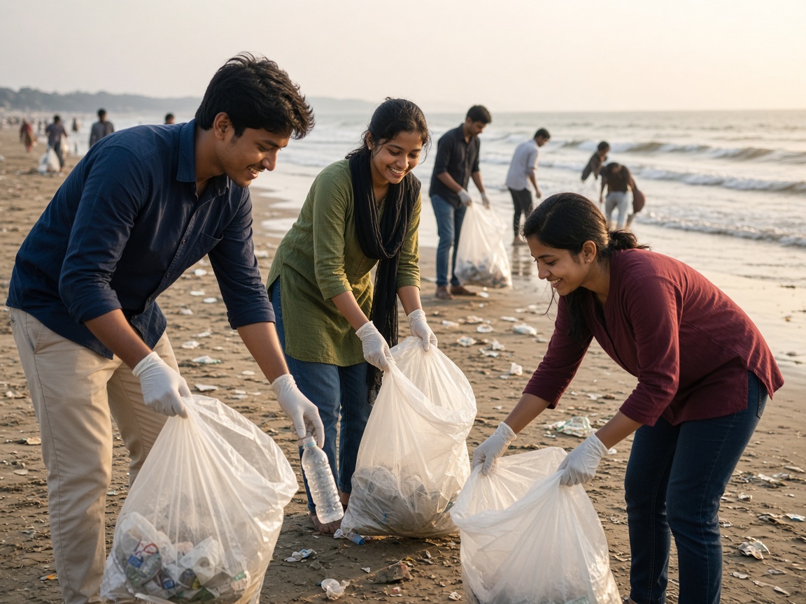 Volunteers cleaning litter from a beach
