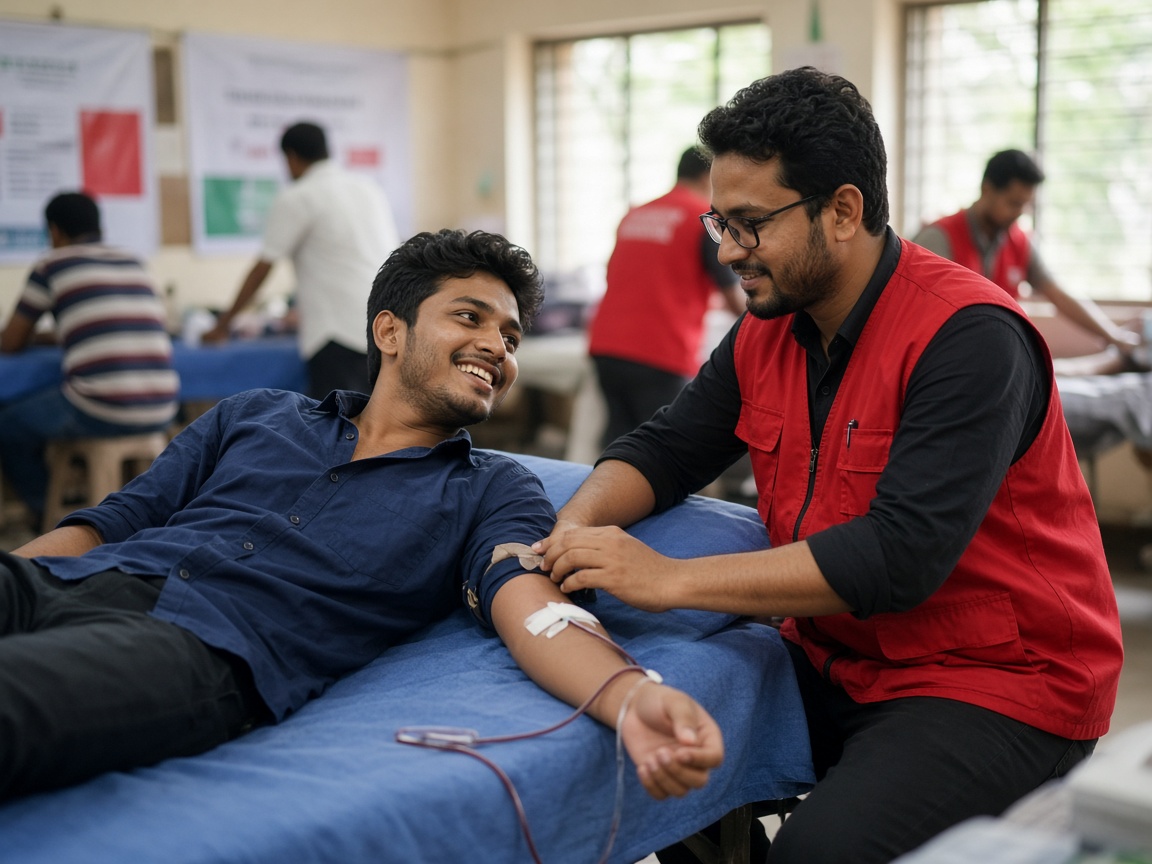 A volunteer supporting a blood donor at a donation camp