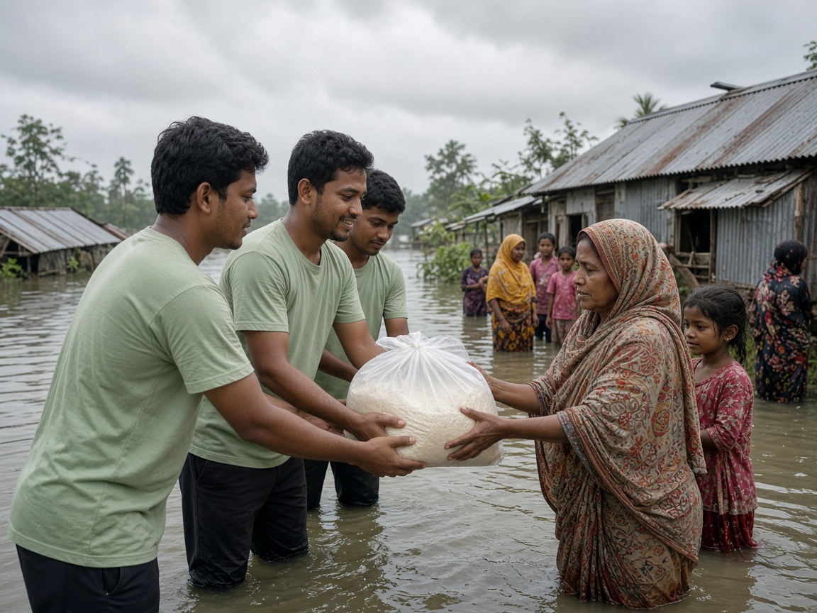 Volunteers handing relief supplies to a flood-affected family