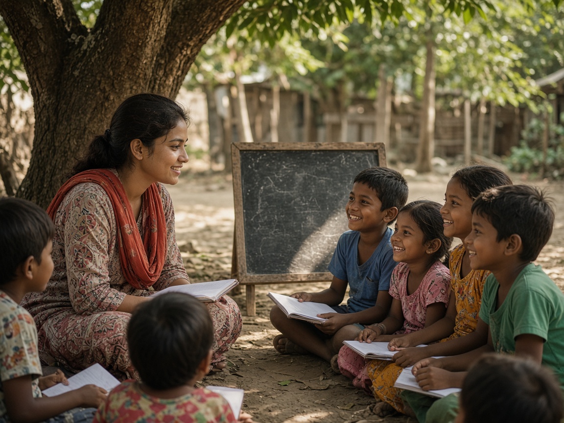 A volunteer teaching children outdoors